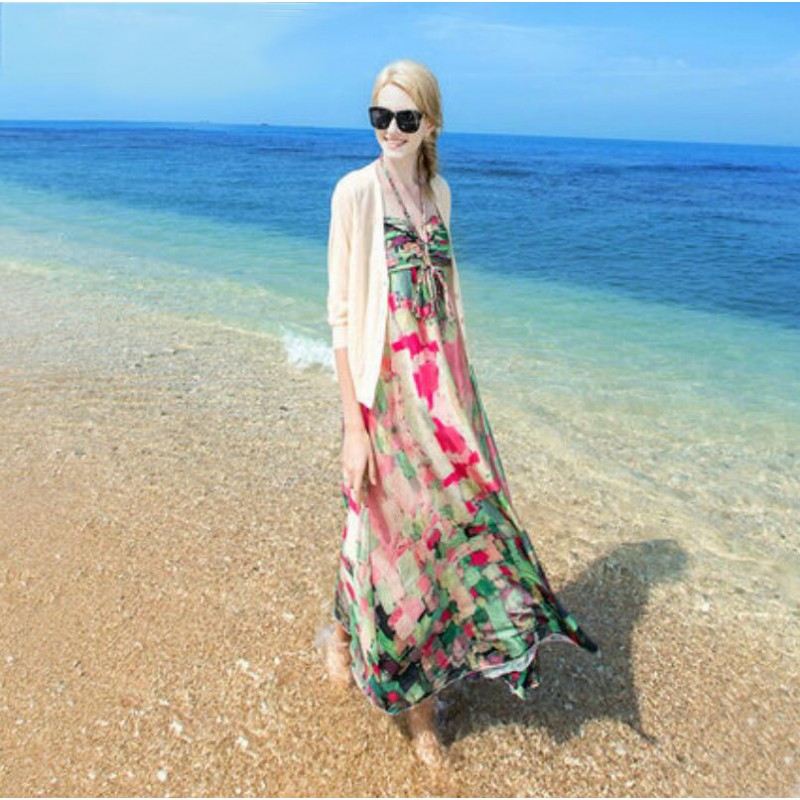 Women 100 Silk dress Beach dress 100% Natural Silk Print dress Strapless Holiday summer dresses